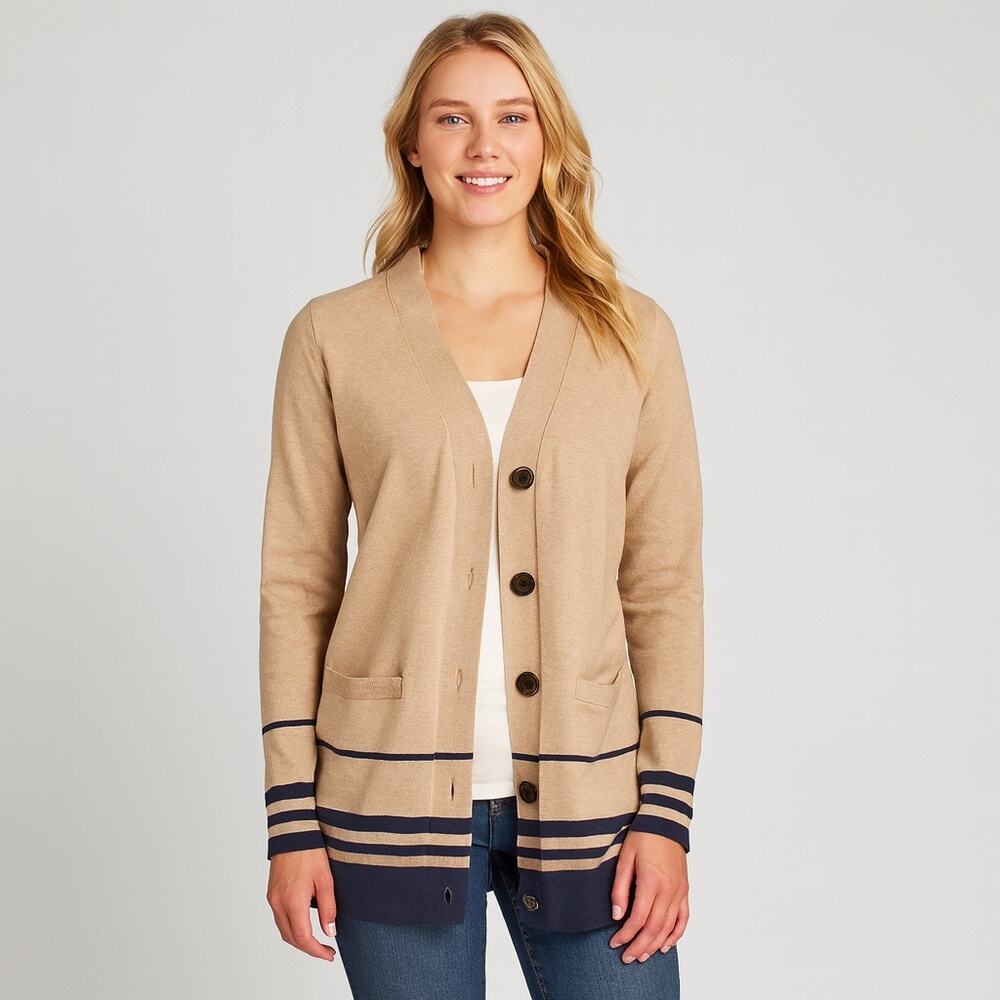 Duluth Trading Long Beige Cardigan Sweater Button Front Blue Stripe Trim XS